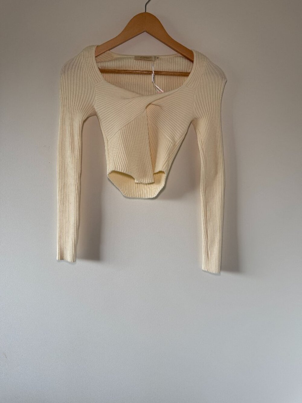 Qinsen Ivory Ribbed Twist Front Cropped Long Sleeve Top XS NWT